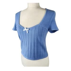 The Prairie Blue Square Neck Sweater Top Large Bow Coquette Shabby Chic Soft SS